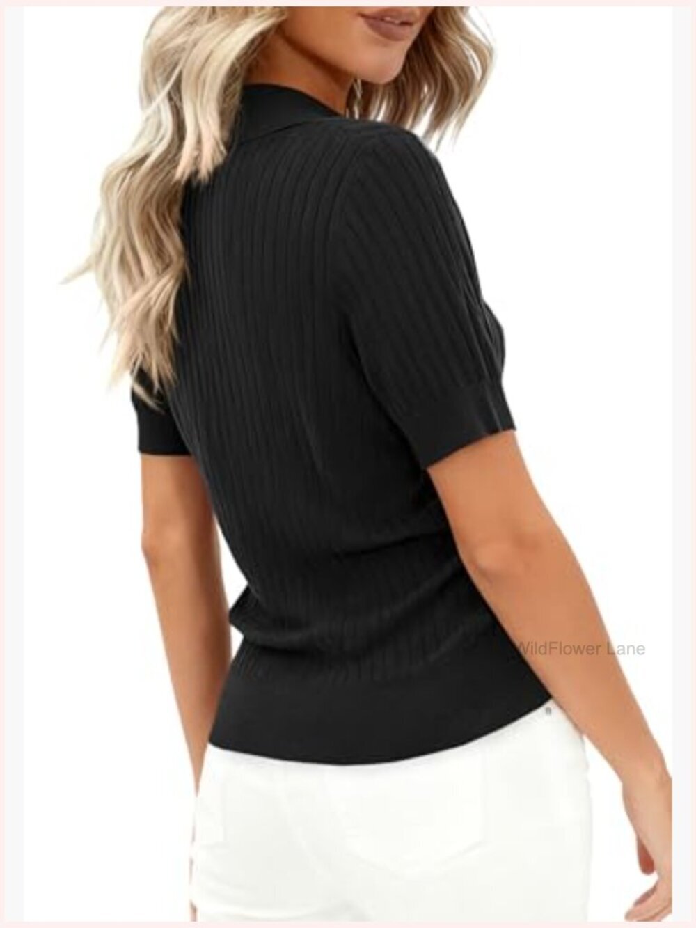 Short Sleeve Ribbed Knit V Neck Pullover Sweater - Picture 4 of 7